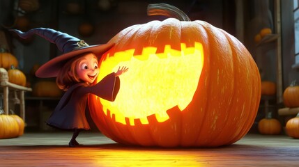 Curious cartoon witch opening a giant glowing pumpkin in 3D