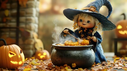 Cute 3D witch cooking pumpkin stew in a bubbling cauldron