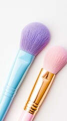Pastel Makeup Brushes Flat Lay on White Background