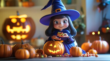 Halloween celebration with 3D cartoon witch handing out pumpkin candy