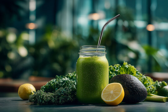 Green smoothie with avocado kale and lemon healthy drink