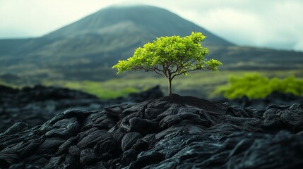 Resilient Green Tree Sprouting on Black Volcanic Rock Against a Mountain Background