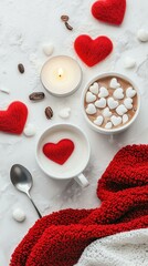 Romantic Spa Day Flatlay Red and White Hearts, Cocoa Mug, and Candle