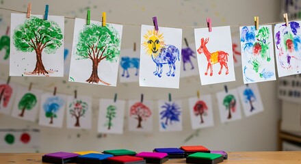 An art classroom full of hanging fingerprint artwork including trees, animals, and patterns, drying on string lines, with vibrant ink pads in the foreground, creative and bright, 