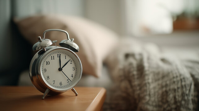 Close up of classic silver alarm clock on wooden bedside table with cozy bed and soft pillows in background