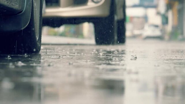 A car stopping through heavy rain on a wet road, captured in moody weather conditions. Concept of travel, solitude, rainy season, and atmospheric urban scenes