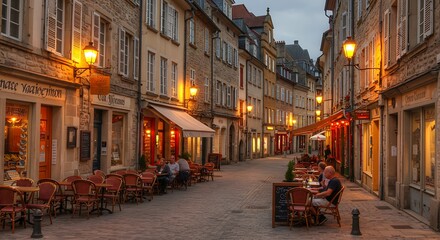 Fototapeta premium A charming European street scene at dusk, featuring restaurants and illuminated buildings.
