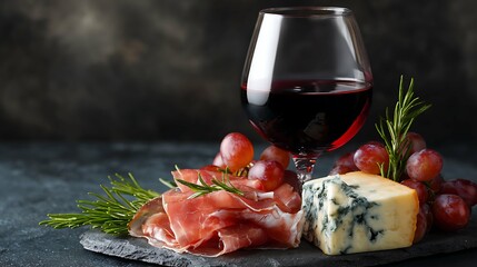 Food stock photo. Red wine with grapes, rosemary, prosciutto, and blue cheese on a dark background