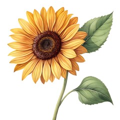 Naklejka premium Bright yellow sunflower blossom with green leaf isolated on a clean white background