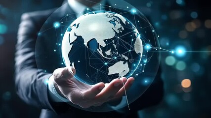 Businessman holding a digital globe representing global connectivity in a futuristic office setting - Powered by Adobe