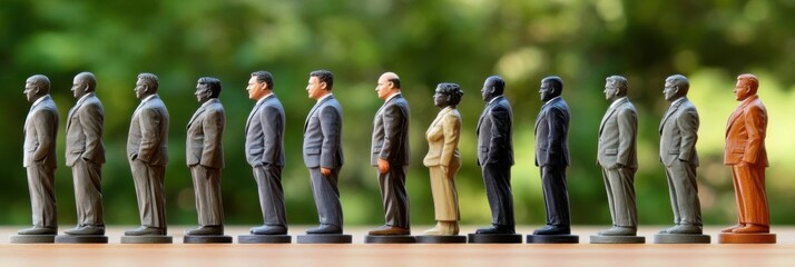 Figurines Stand in a Line to Show Group Dynamics and Business Figures.