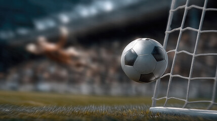 Soccer ball goal net stadium fast motion scoring competition grass field dynamic action excitement sports