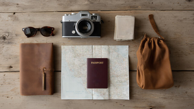 Travel essentials flat lay with vintage camera, sunglasses, leather journal, passport, map, and pouch on wooden table