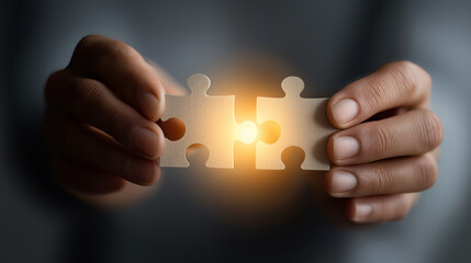 Hands hold glowing puzzle piece fitting into larger one, symbolizing connection and teamwork with warm light glow