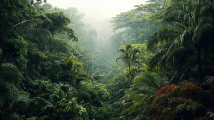 Lush tropical rainforest with dense green foliage and mist creating serene and vibrant natural atmosphere