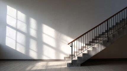 Obraz premium Modern staircase with sunlight casting shadows on wall and floor creating calm and serene atmosphere in empty space