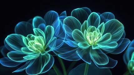Obraz premium Glowing teal flowers on black