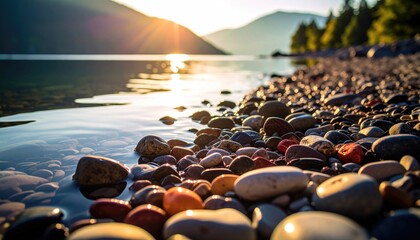 Obraz premium Sunlit lake shore pebbles