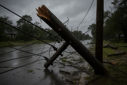 Broken power lines and fallen utility pole blocking empty street during severe storm, dangerous aftermath of extreme weather