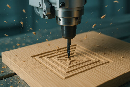 automated cnc machine precisely carving geometric pattern on wooden board, high speed drill creating modern woodworking design