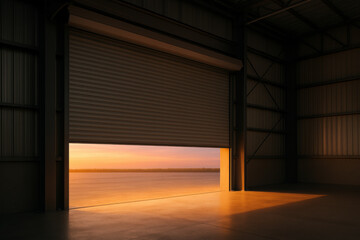 Industrial warehouse interior with partially open metal garage door, warm golden sunlight entering at sunrise, empty spacious space