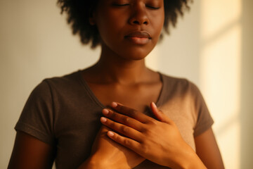Peaceful woman practicing mindfulness meditation at home, hands on chest, enjoying morning sun and emotional calm moment