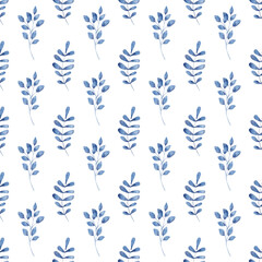 Seamless pattern with watercolor leaves navy blue, repeat floral texture, indigo background hand drawing. Perfectly for wrapping paper, wallpaper, fabric, texture and other printing.