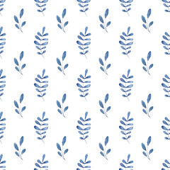 Seamless pattern with watercolor leaves navy blue, repeat floral texture, indigo background hand drawing. Perfectly for wrapping paper, wallpaper, fabric, texture and other printing.