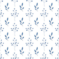 Seamless pattern with watercolor leaves navy blue, repeat floral texture, indigo background hand drawing. Perfectly for wrapping paper, wallpaper, fabric, texture and other printing.