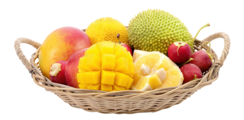 Freshly picked, ripe organic fruit and colorful Easter eggs fill a white basket