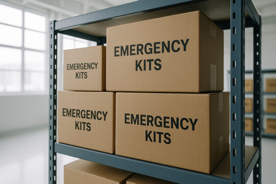Cardboard boxes labeled emergency kits organized on industrial metal shelving in clean storage room, disaster preparedness concept - Powered by Adobe