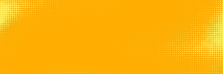 Yellow halftone pattern. Retro comic gradient background. Bright orange pixel dot texture overlay. Cartoon pop art faded polka dot pattern. Vector background for posters, banners, and ads.