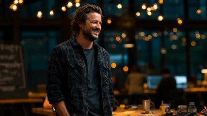 Man in plaid shirt, cafe setting