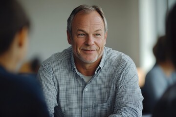 Obraz premium Friendly middle-aged boss or manager talking with staff or employees during a meeting, fostering a positive workplace environment, Generative AI