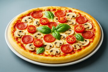 Delicious pepperoni pizza with cherry tomatoes, mushrooms, and basil leaves on plate over light blue background. Food concept image. Ai generative.