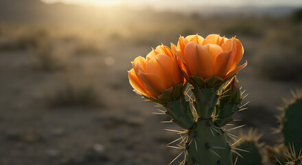 Orange cactus flowers blooming in desert during golden hour. Desert wildlife and heat adaptation for nature photography and botanical studies