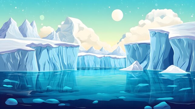 Glacial landscape with icebergs and mountains.