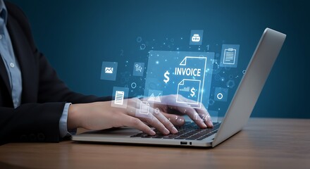 Online Invoice Processing with Laptop and Digital Icons Streamlining Business Finances and Improving Efficiency in Accounting Tasks