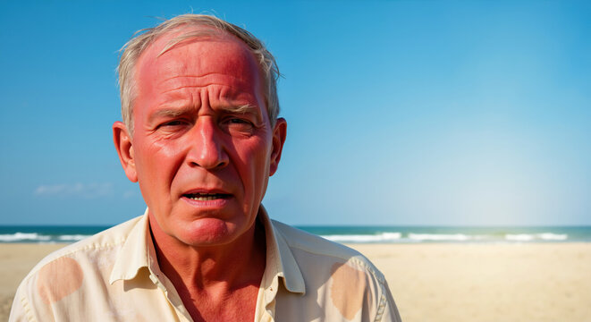Man with sunburned red face experiencing heat exhaustion at beach. Overheating symptoms and sun exposure dangers for summer safety and skin protection awareness