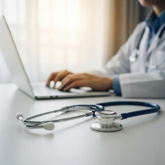 Medicine Doctor Using Laptop with Stethoscope on Foreground in Hospital Office