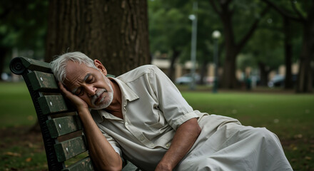 Elderly man sleeping on park bench during hot summer day. Heat exhaustion and fatigue symptoms for senior health awareness campaigns