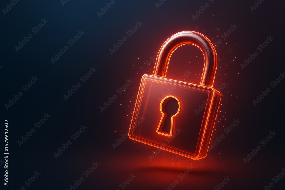 Fototapete Glowing red padlock with neon light effect floating on dark background as cybersecurity and data protection graphic concept illustration.