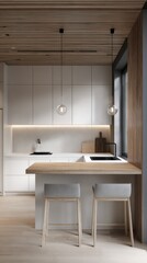 Fototapeta premium Bright, minimalist kitchen with white cabinets, wooden ceiling, and bar seating