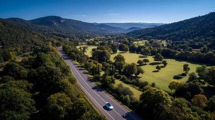 Car Driving on Road Through Green Valley Landscape
