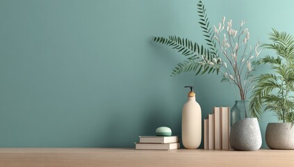 Muted teal wall, wooden surface, plant decor