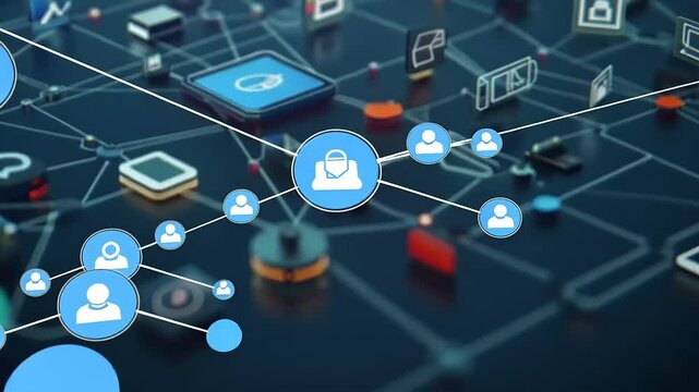 Digital network connections illustrating communication technology with icons and devices in background - Powered by Adobe