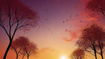 Fototapeta premium Falling Leaves Silhouette Against Autumn Sunset