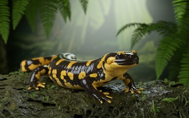 Fototapeta premium Striking Fire Salamander on Mossy Log with Yellow and Black Markings in Forest