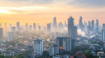 Obraz premium Urban skyline at sunrise, shrouded in haze.