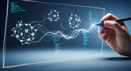Hand interacts with futuristic digital interface for data analysis, revealing complex network connections and information flow.